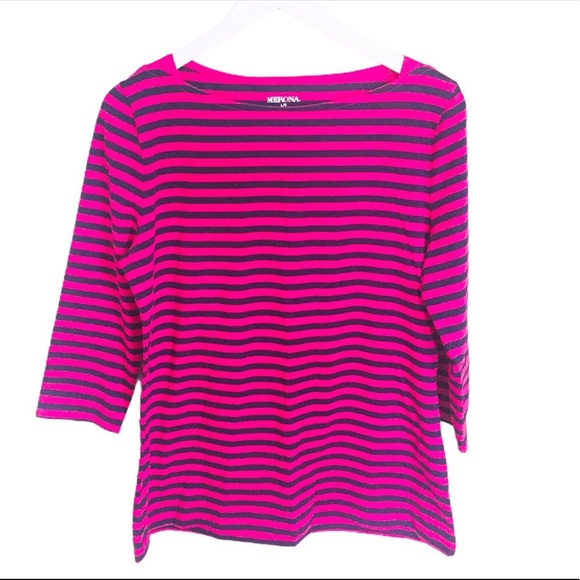 MERONA Bardot/Boat Fit Stripe Sleeve Tee/Top W 3/4 Length Sleeves Hot Pink Large - Picture 1 of 6